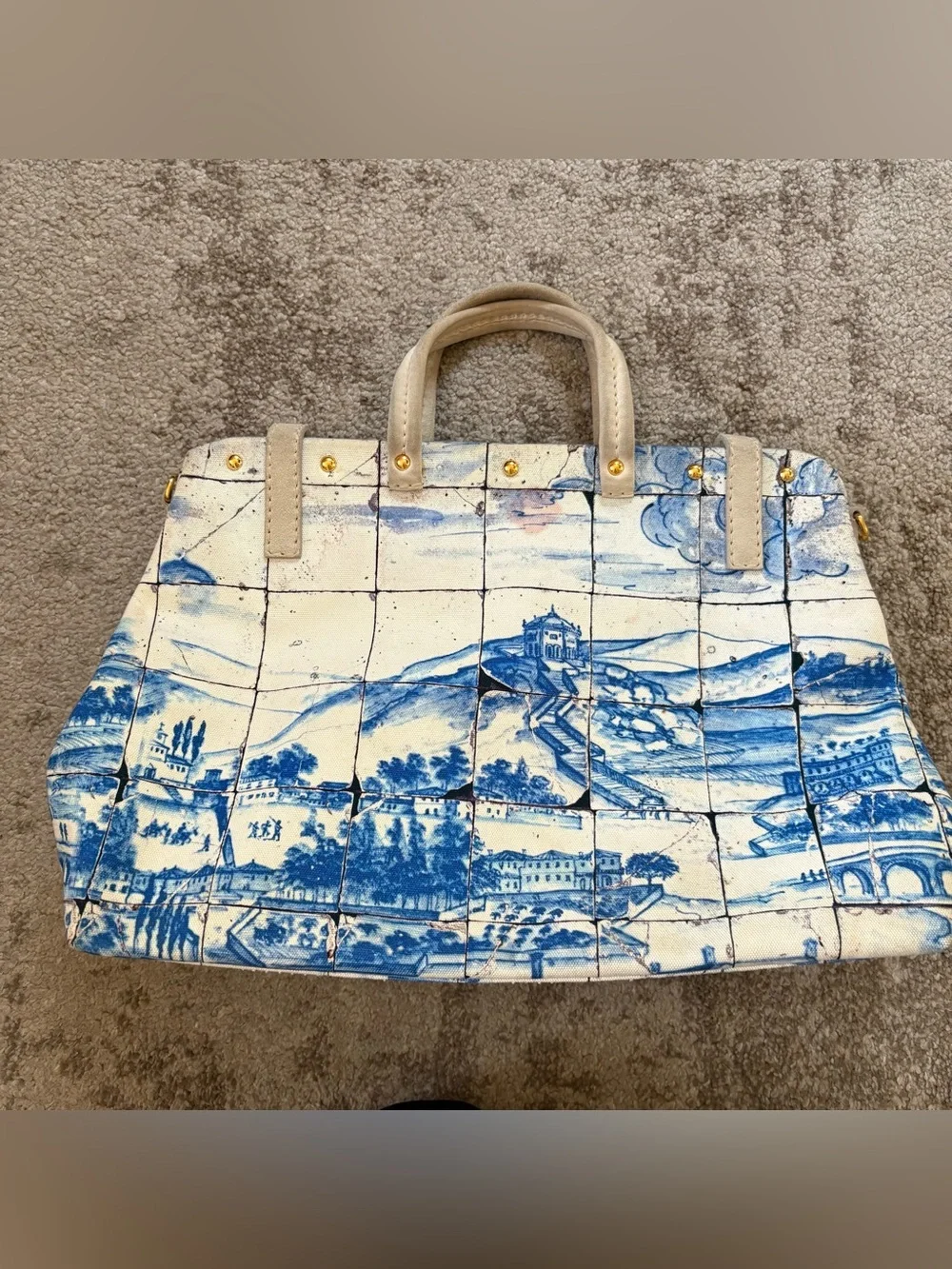 Prada Blue and White Scenic Satchel with Cream Handles